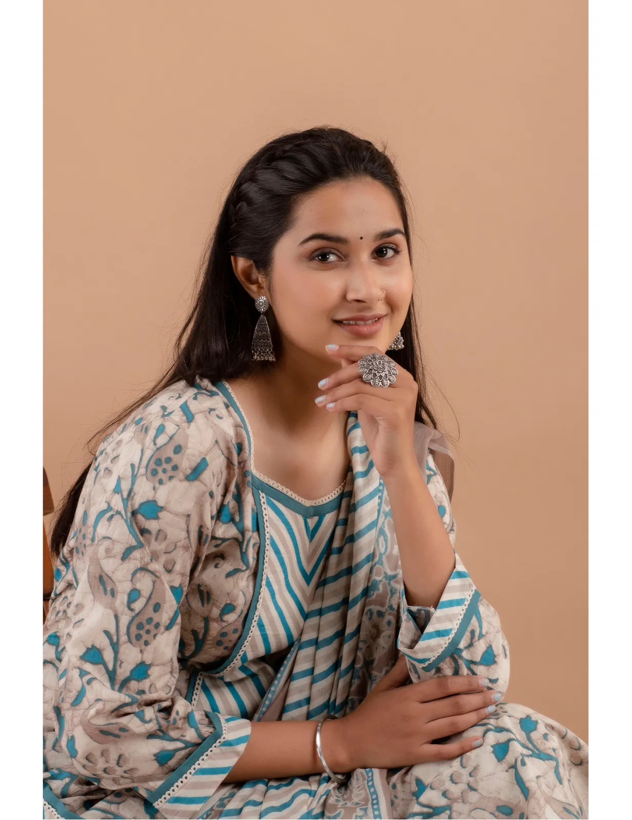 Exquisite Cadet Blue Batik Print Kurta Set