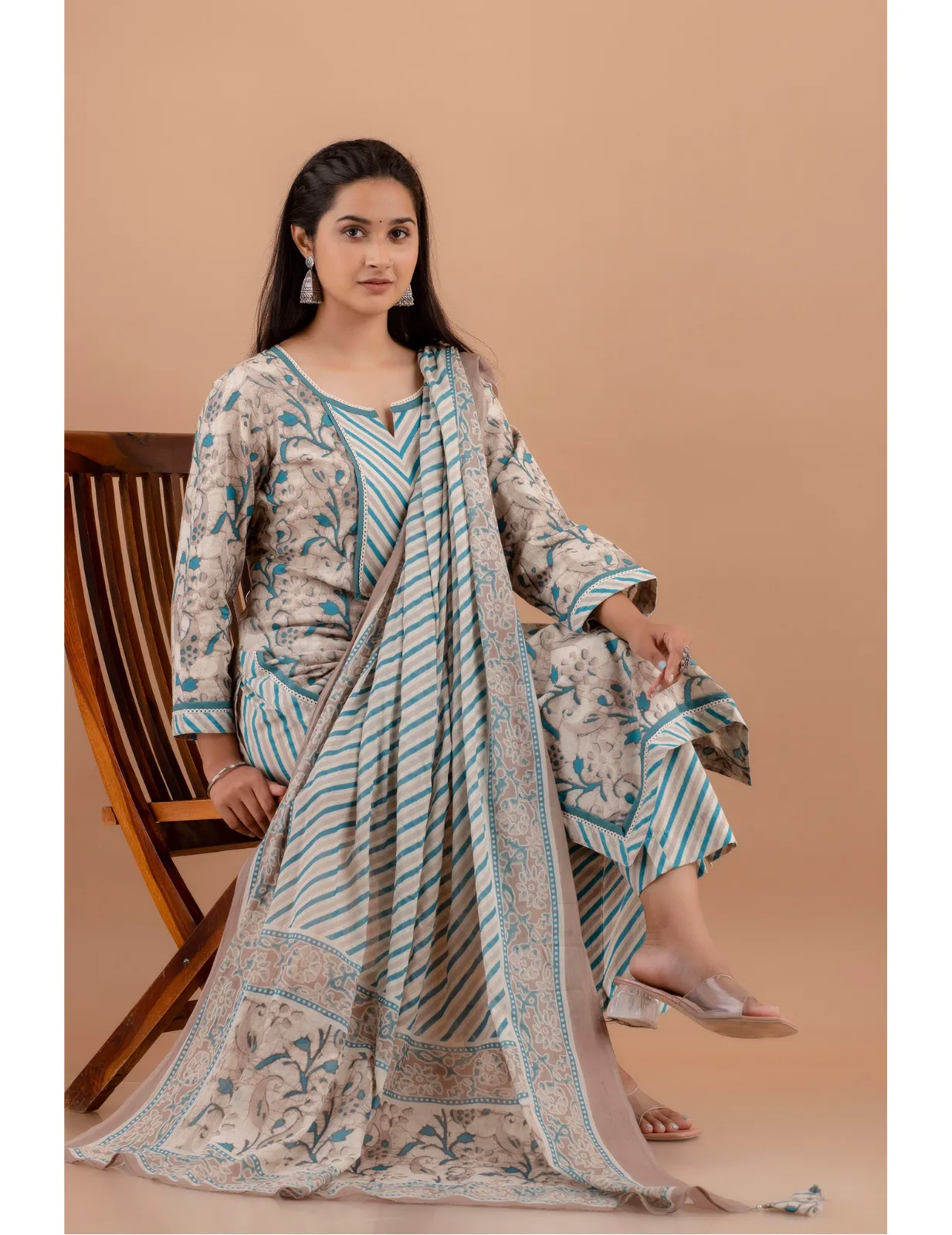 Exquisite Cadet Blue Batik Print Kurta Set