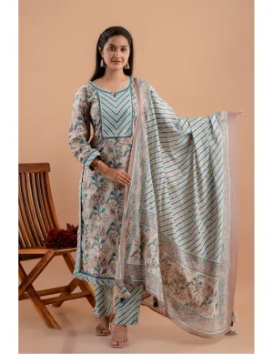 Exquisite Cadet Blue Batik Print Kurta Set