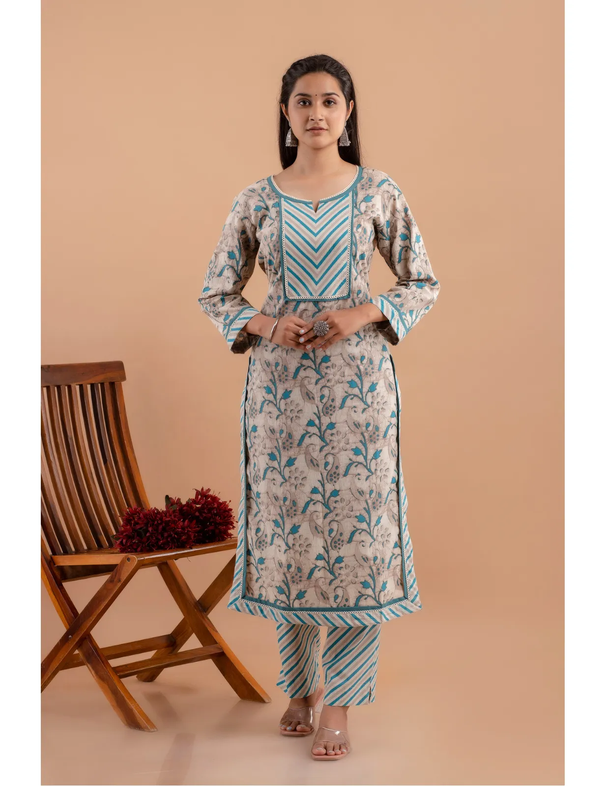 Exquisite Cadet Blue Batik Print Kurta Set