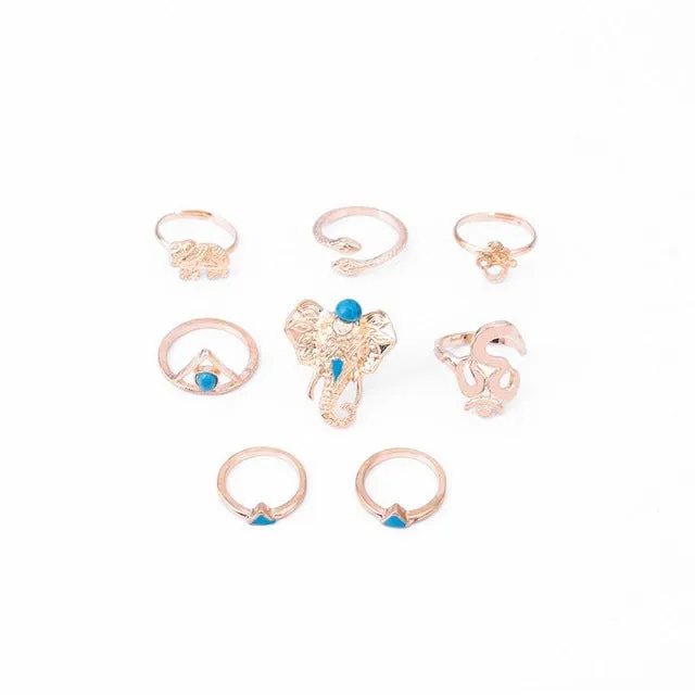 FAMSHIN 2017 8pcs /Pack Boho Retro Elephant Snake Blue gem Rings Lucky Stackable Midi Rings Set of Rings for Women Party