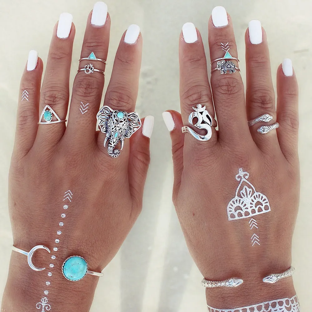 FAMSHIN 2017 8pcs /Pack Boho Retro Elephant Snake Blue gem Rings Lucky Stackable Midi Rings Set of Rings for Women Party