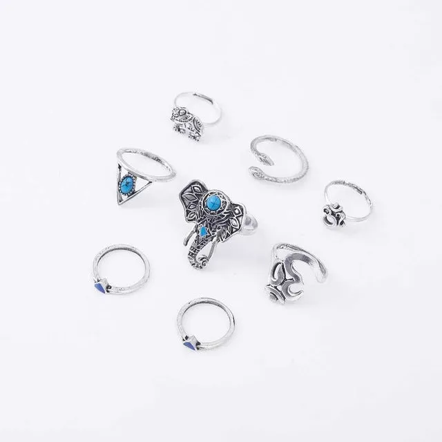 FAMSHIN 2017 8pcs /Pack Boho Retro Elephant Snake Blue gem Rings Lucky Stackable Midi Rings Set of Rings for Women Party