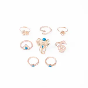 FAMSHIN 2017 8pcs /Pack Boho Retro Elephant Snake Blue gem Rings Lucky Stackable Midi Rings Set of Rings for Women Party