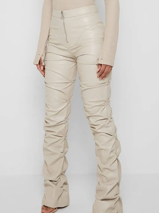 Female Faux Leather Folds Zipper Fashion Leggings