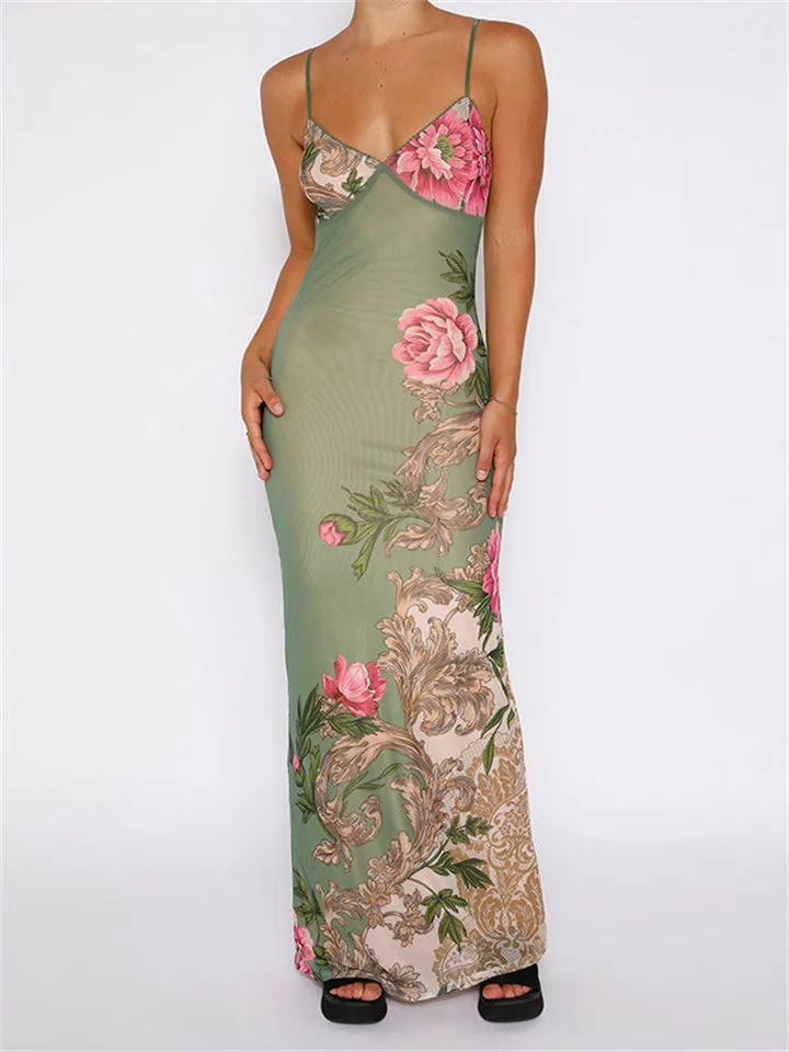 Female Sexy Slim Fit Floral Maxi Slip Dresses