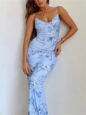 Female Sexy Slim Fit Floral Maxi Slip Dresses