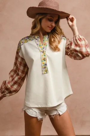 Floral Notched Plaid Balloon Sleeve Top