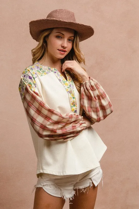 Floral Notched Plaid Balloon Sleeve Top