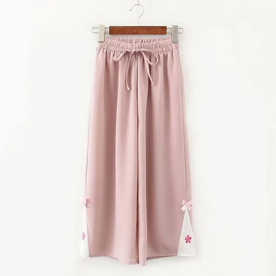 Flower Embroidery Bow Knot Wide Leg Pants J40331