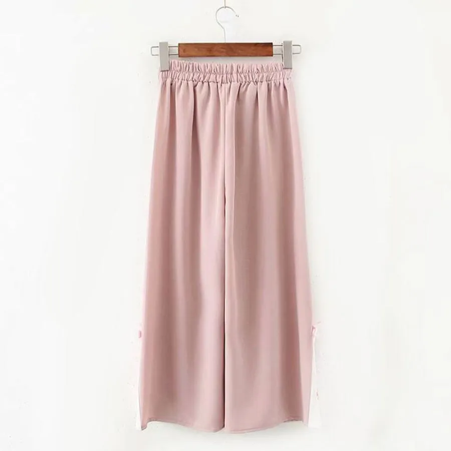 Flower Embroidery Bow Knot Wide Leg Pants J40331