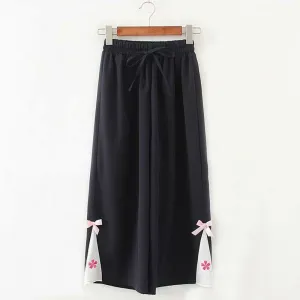 Flower Embroidery Bow Knot Wide Leg Pants J40331