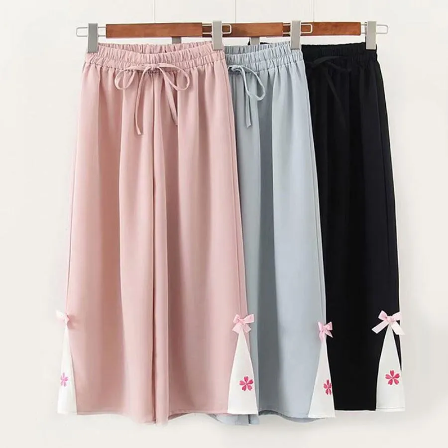 Flower Embroidery Bow Knot Wide Leg Pants J40331
