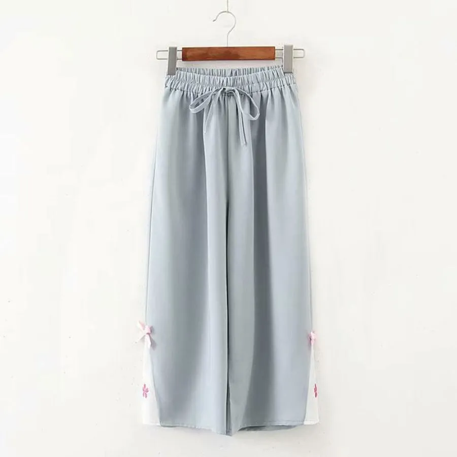 Flower Embroidery Bow Knot Wide Leg Pants J40331