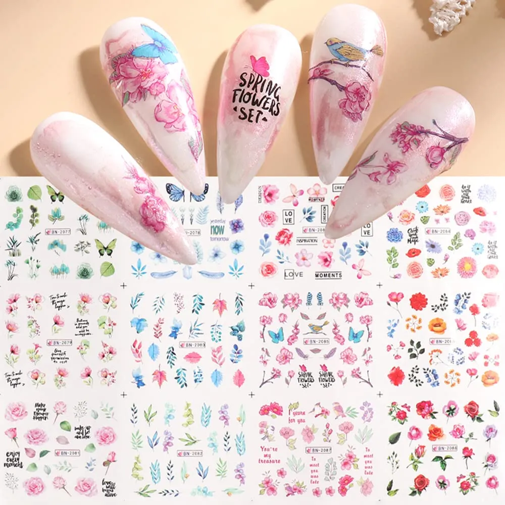 Flower Nail Art Water Decals, 12 Sheets Floral Nail Art Stickers Water Transfer Leaf Nail Decals Spring Summer Nail Stickers Nail Art Supplies Foils Flowers for Acrylic Nail Decorations Nail Designs