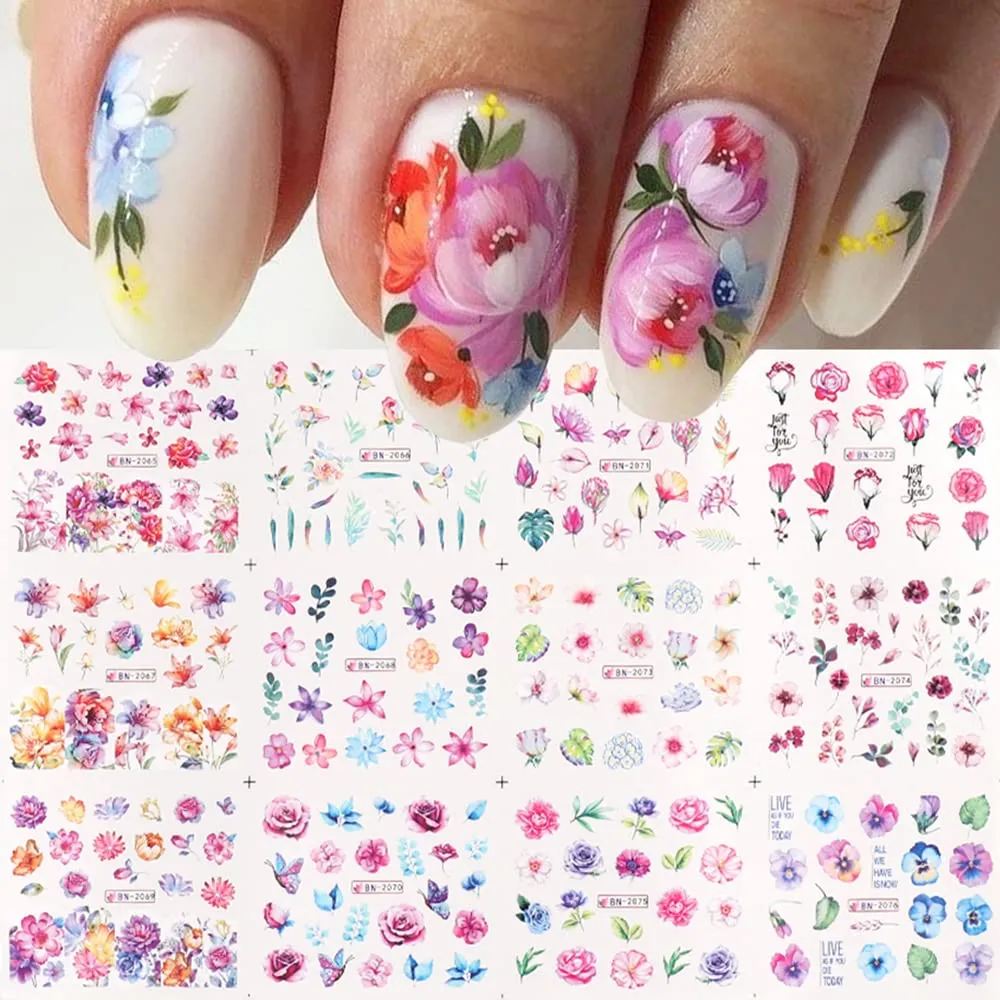 Flower Nail Art Water Decals, 12 Sheets Floral Nail Art Stickers Water Transfer Leaf Nail Decals Spring Summer Nail Stickers Nail Art Supplies Foils Flowers for Acrylic Nail Decorations Nail Designs