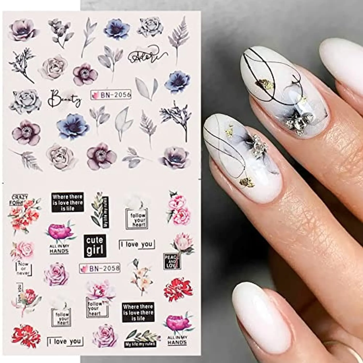 Flower Nail Art Water Decals, 12 Sheets Floral Nail Art Stickers Water Transfer Leaf Nail Decals Spring Summer Nail Stickers Nail Art Supplies Foils Flowers for Acrylic Nail Decorations Nail Designs