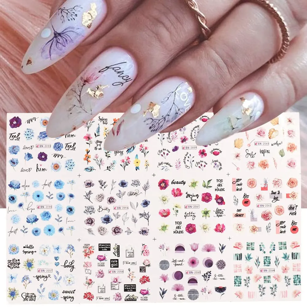 Flower Nail Art Water Decals, 12 Sheets Floral Nail Art Stickers Water Transfer Leaf Nail Decals Spring Summer Nail Stickers Nail Art Supplies Foils Flowers for Acrylic Nail Decorations Nail Designs