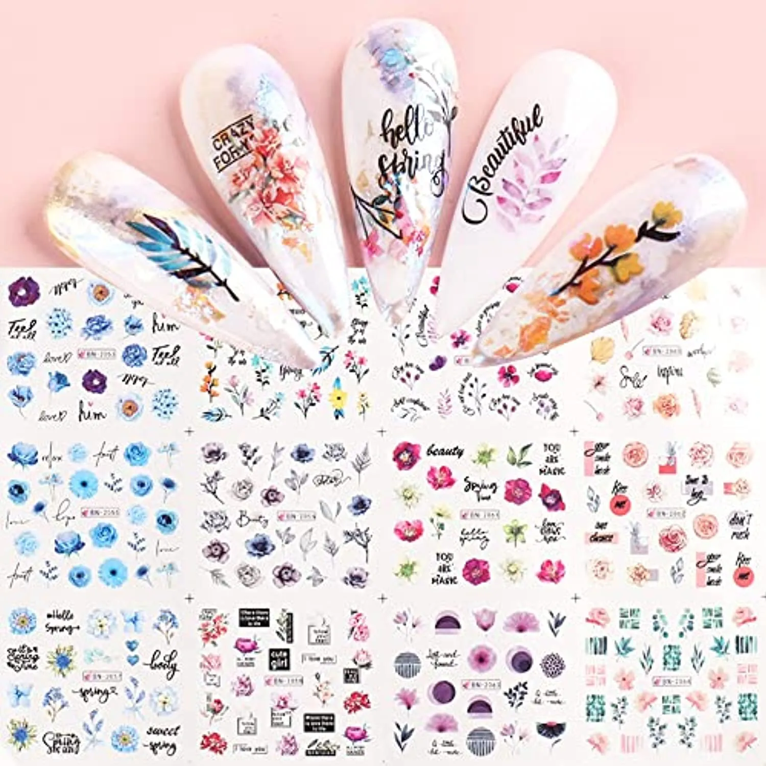 Flower Nail Art Water Decals, 12 Sheets Floral Nail Art Stickers Water Transfer Leaf Nail Decals Spring Summer Nail Stickers Nail Art Supplies Foils Flowers for Acrylic Nail Decorations Nail Designs