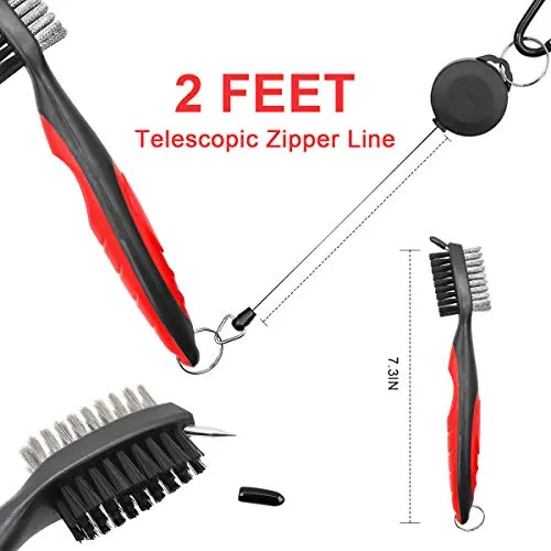 Golf Club Cleaner Set,Golf Club Brush,Golf Club Groove Sharpener with 6 Heads,Foldable Golf Divot Repair Tools,Double-sided Cleaning Brush with 2 Ft Retractable Zip-line Aluminum Carabiner,3 Pack