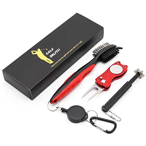 Golf Club Cleaner Set,Golf Club Brush,Golf Club Groove Sharpener with 6 Heads,Foldable Golf Divot Repair Tools,Double-sided Cleaning Brush with 2 Ft Retractable Zip-line Aluminum Carabiner,3 Pack
