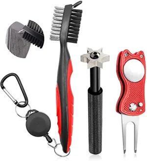 Golf Club Cleaner Set,Golf Club Brush,Golf Club Groove Sharpener with 6 Heads,Foldable Golf Divot Repair Tools,Double-sided Cleaning Brush with 2 Ft Retractable Zip-line Aluminum Carabiner,3 Pack