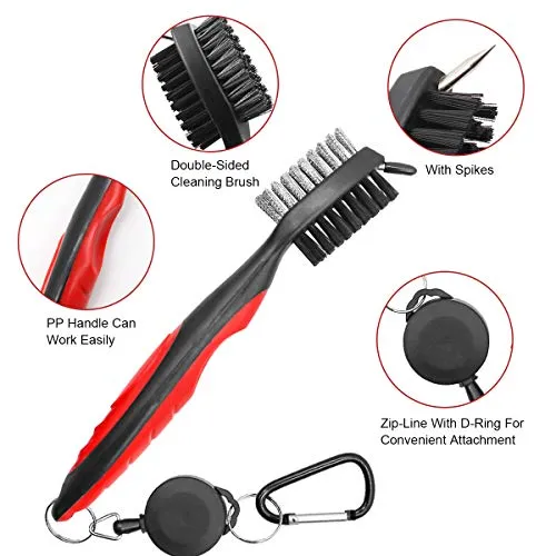Golf Club Cleaner Set,Golf Club Brush,Golf Club Groove Sharpener with 6 Heads,Foldable Golf Divot Repair Tools,Double-sided Cleaning Brush with 2 Ft Retractable Zip-line Aluminum Carabiner,3 Pack