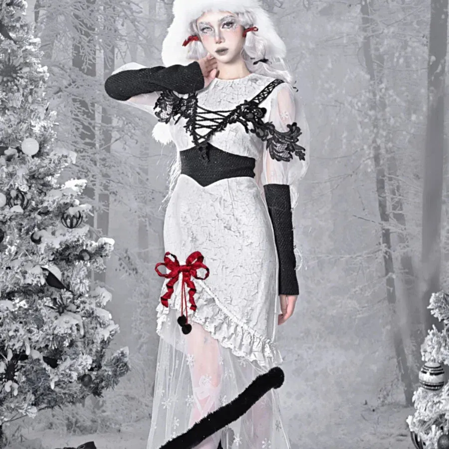 Gothic Lace Bubble Sleeve Long Fishtail Dress