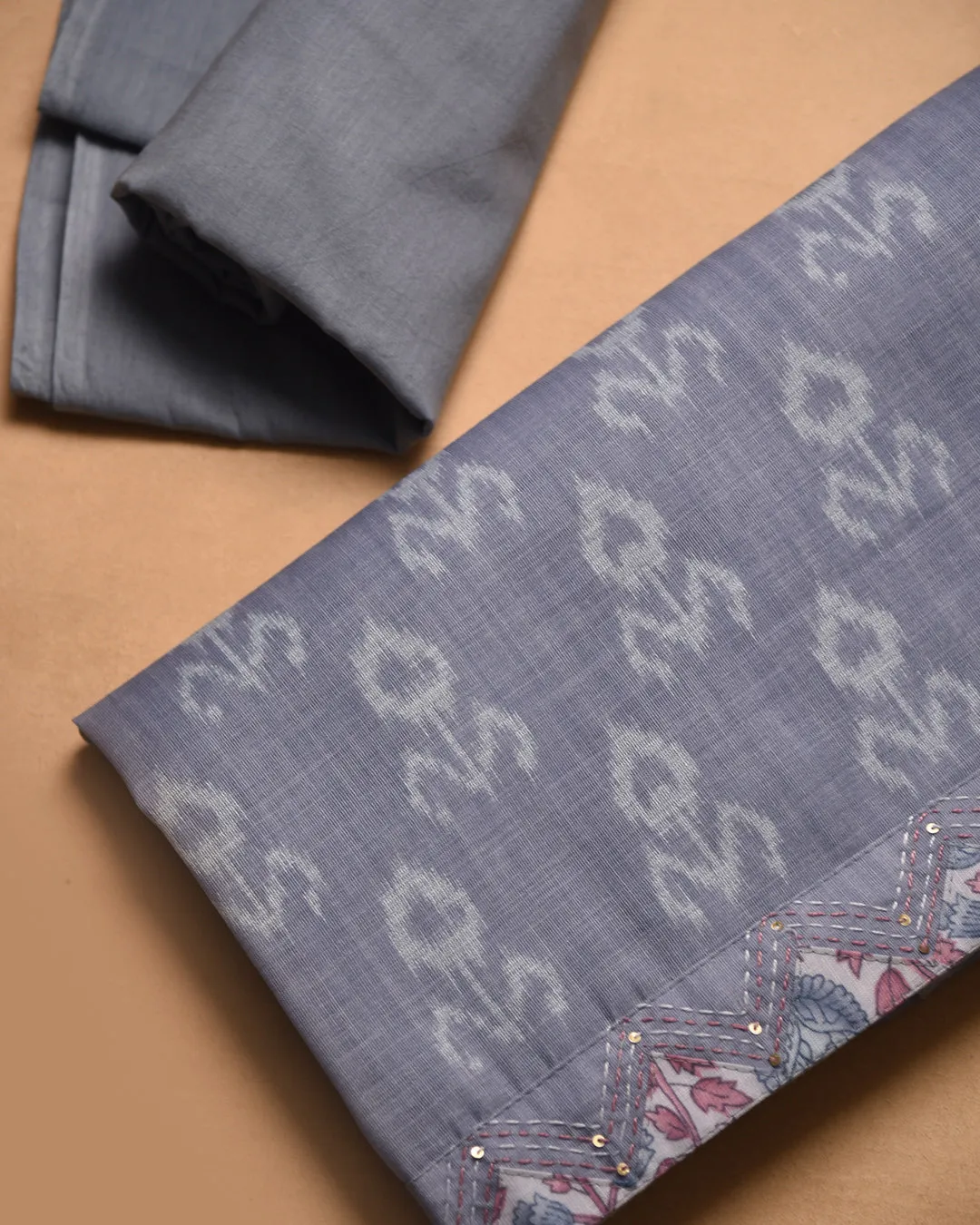 Gray Linen Blend Printed With Embroidery Unstitched Suit Fabric Set With Linen Blend Dupatta