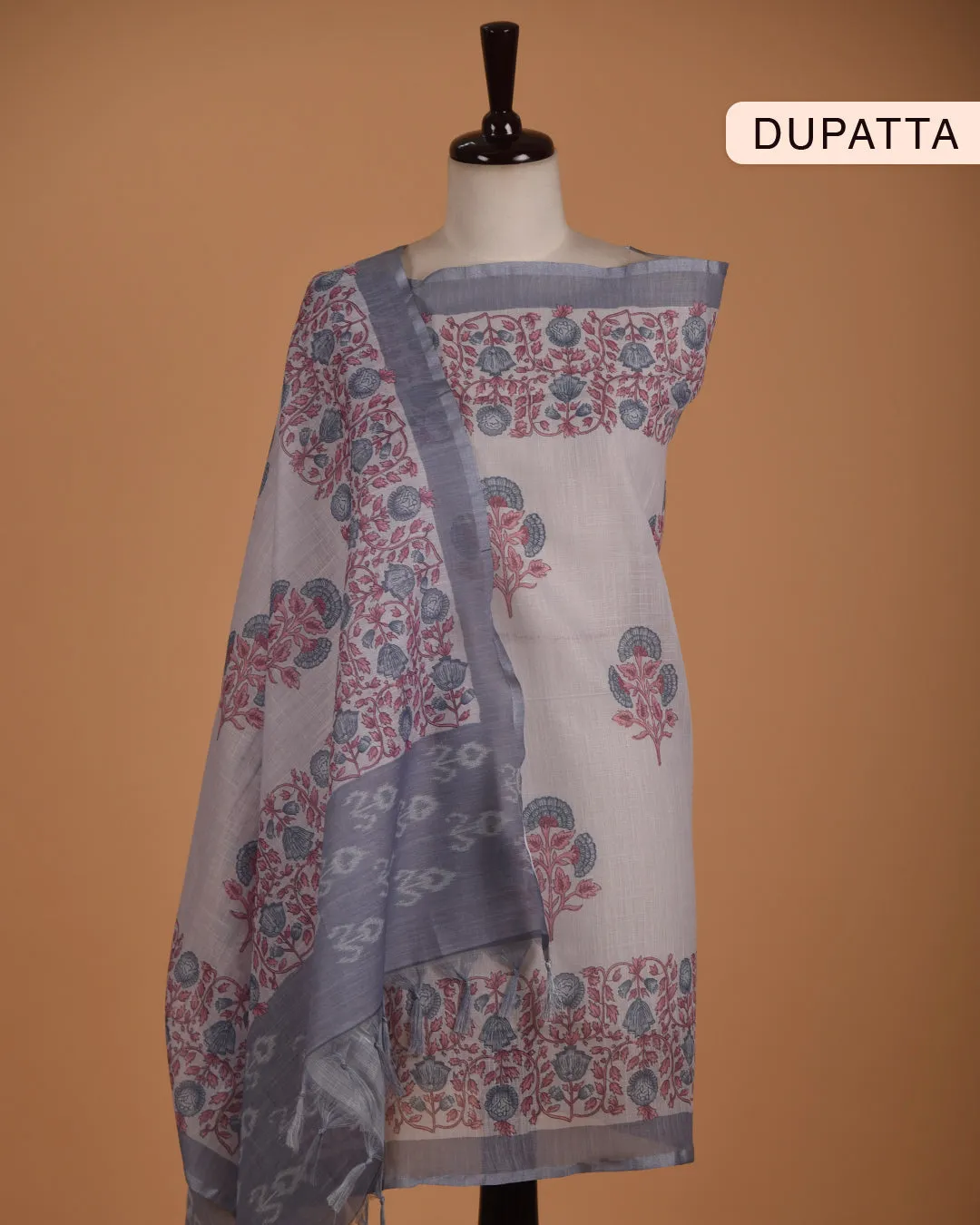 Gray Linen Blend Printed With Embroidery Unstitched Suit Fabric Set With Linen Blend Dupatta