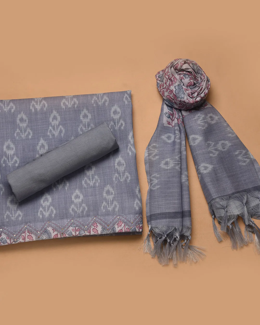 Gray Linen Blend Printed With Embroidery Unstitched Suit Fabric Set With Linen Blend Dupatta