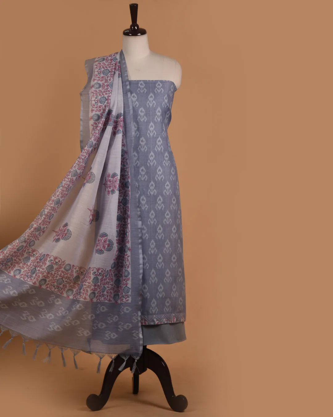 Gray Linen Blend Printed With Embroidery Unstitched Suit Fabric Set With Linen Blend Dupatta