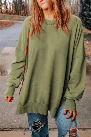 Green Drop Shoulder Ribbed Trim Oversized Sweatshirt: Green / M / 75%Polyester 25%Cotton