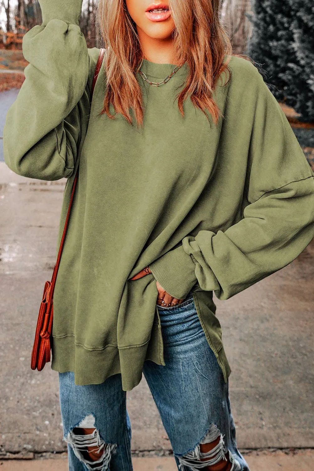 Green Drop Shoulder Ribbed Trim Oversized Sweatshirt: Green / S / 75%Polyester 25%Cotton
