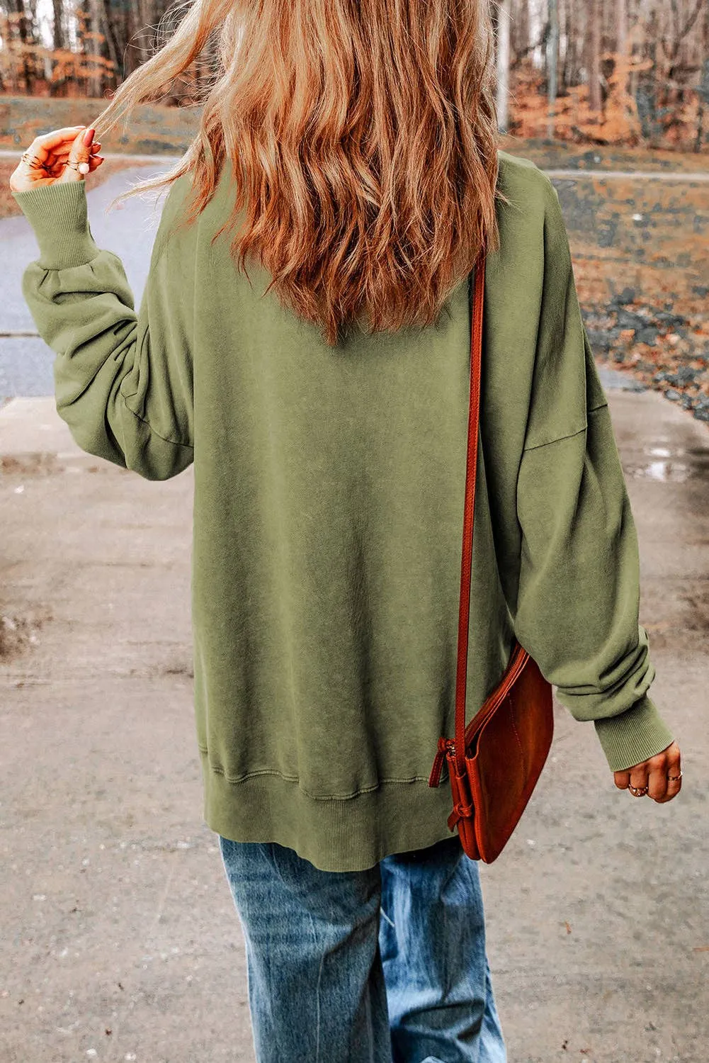 Green Drop Shoulder Ribbed Trim Oversized Sweatshirt: Green / S / 75%Polyester 25%Cotton