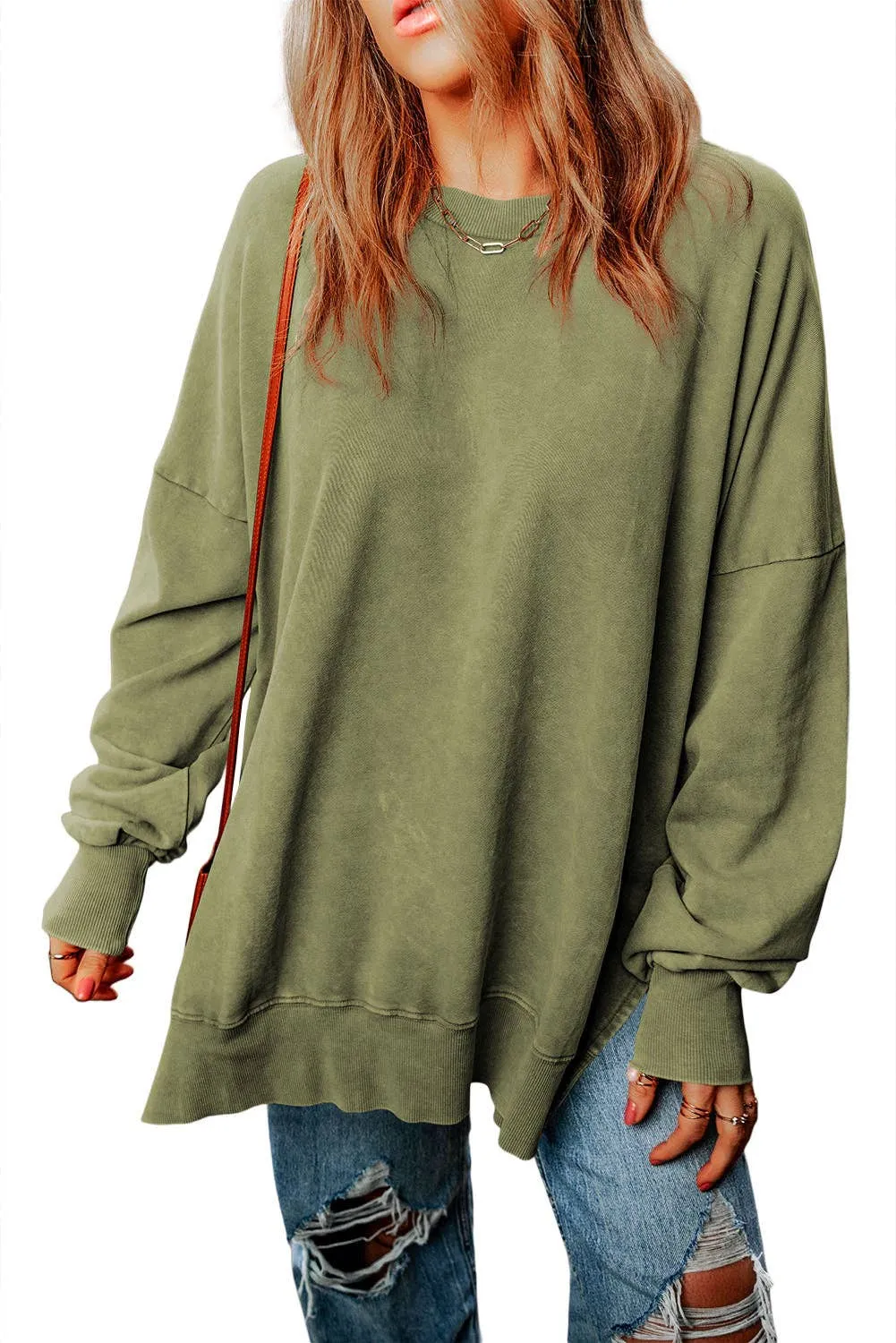 Green Drop Shoulder Ribbed Trim Oversized Sweatshirt: Green / S / 75%Polyester 25%Cotton