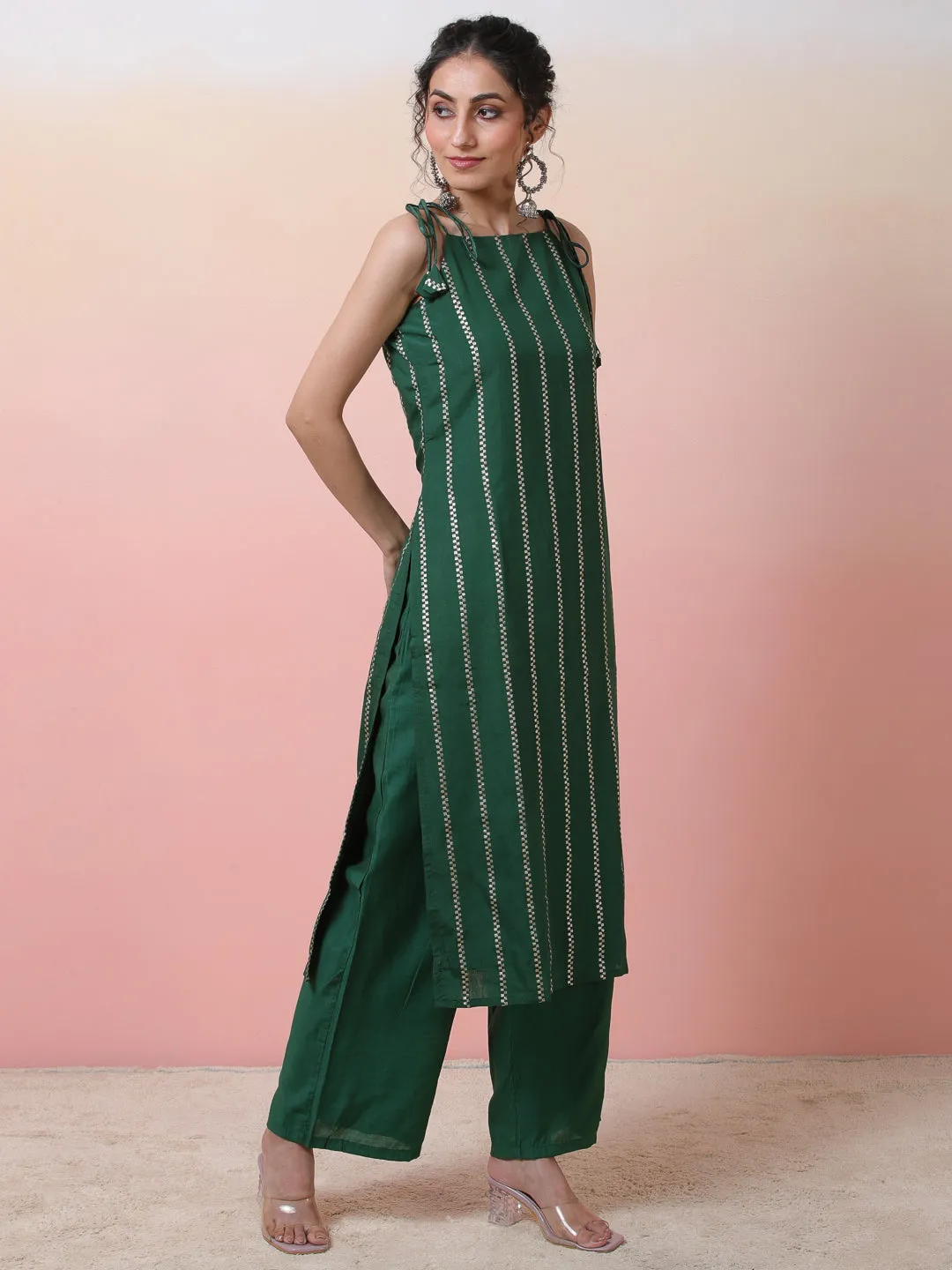 Green Striped Kurta With Palazzo