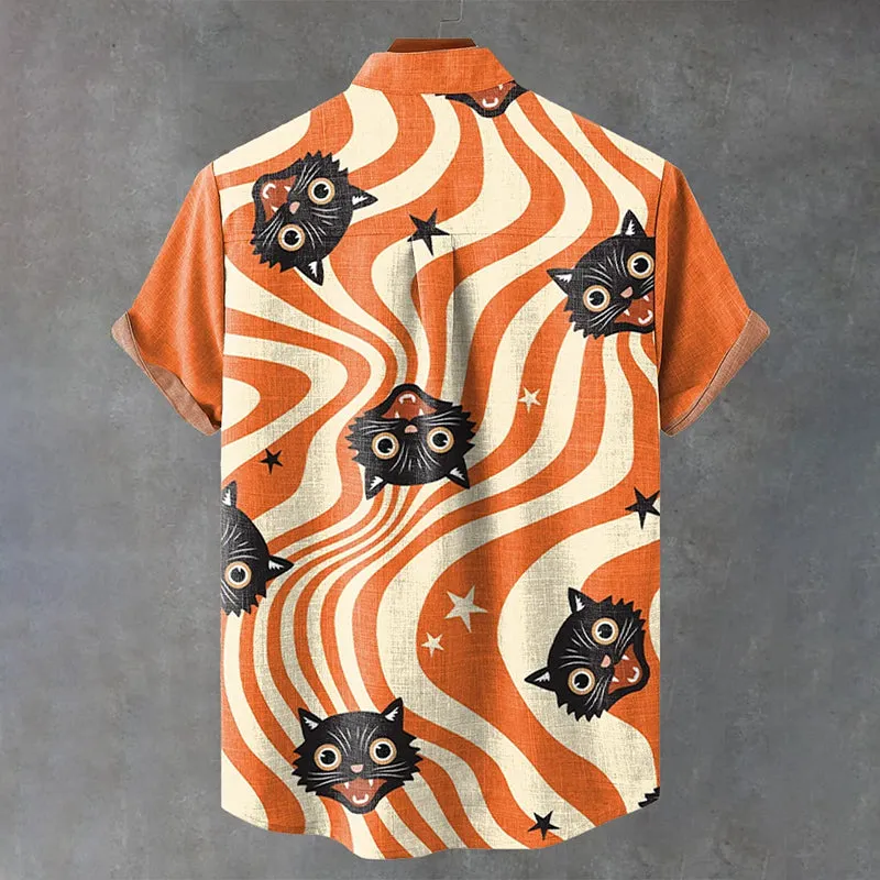 Halloween Black Cat Twisted Abstract Art Print Casual Shirt 2410000841