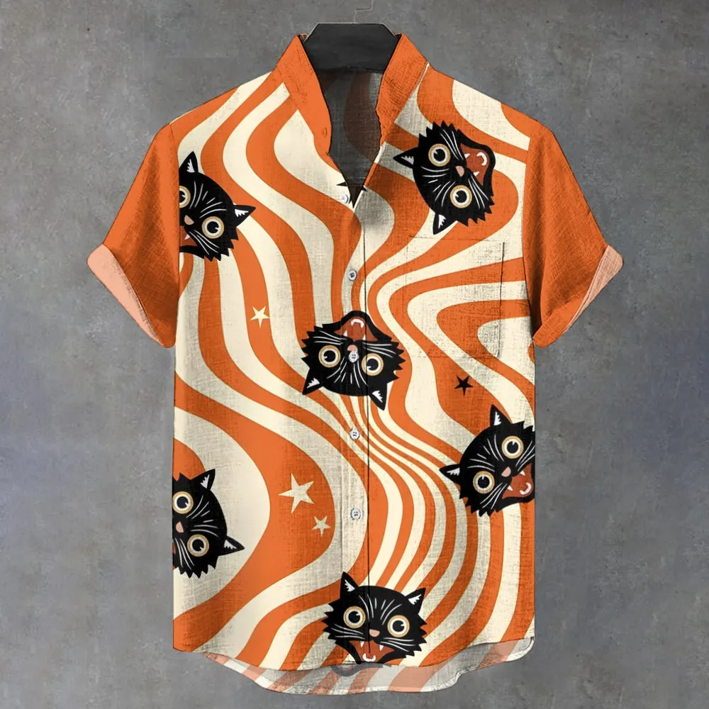 Halloween Black Cat Twisted Abstract Art Print Casual Shirt 2410000841
