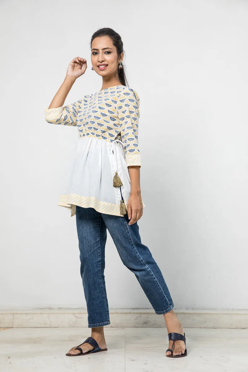 Hand Block printed Cotton Top with gathers and drawstring