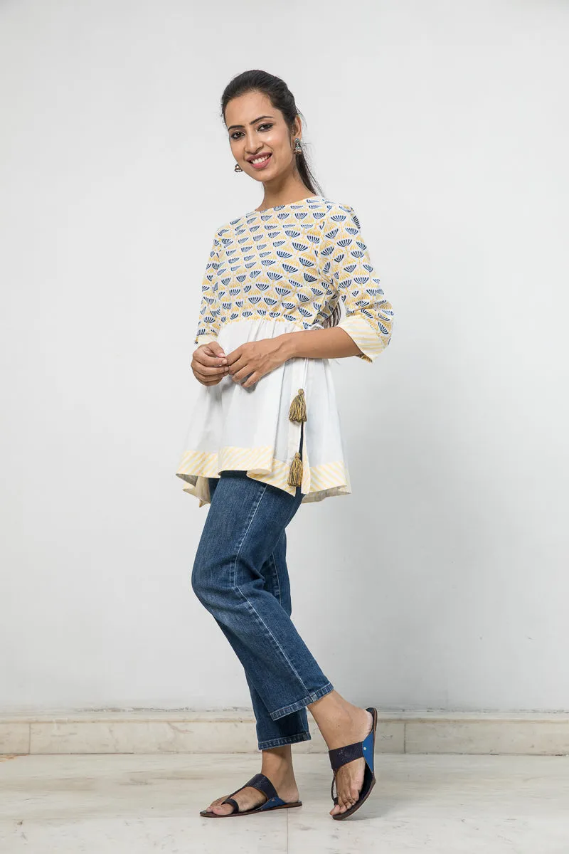 Hand Block printed Cotton Top with gathers and drawstring