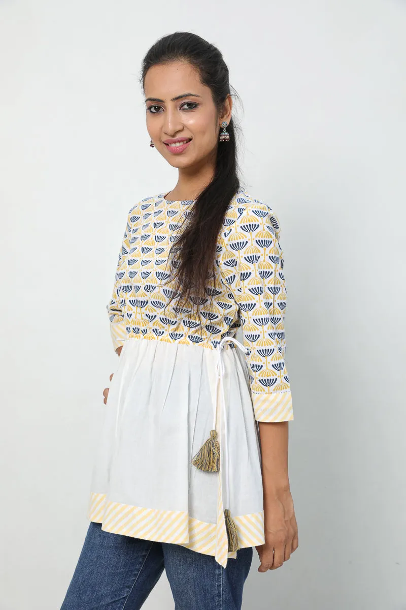 Hand Block printed Cotton Top with gathers and drawstring