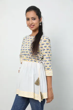 Hand Block printed Cotton Top with gathers and drawstring