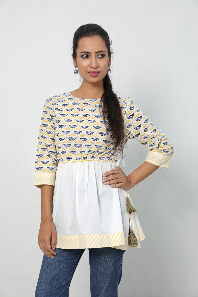 Hand Block printed Cotton Top with gathers and drawstring