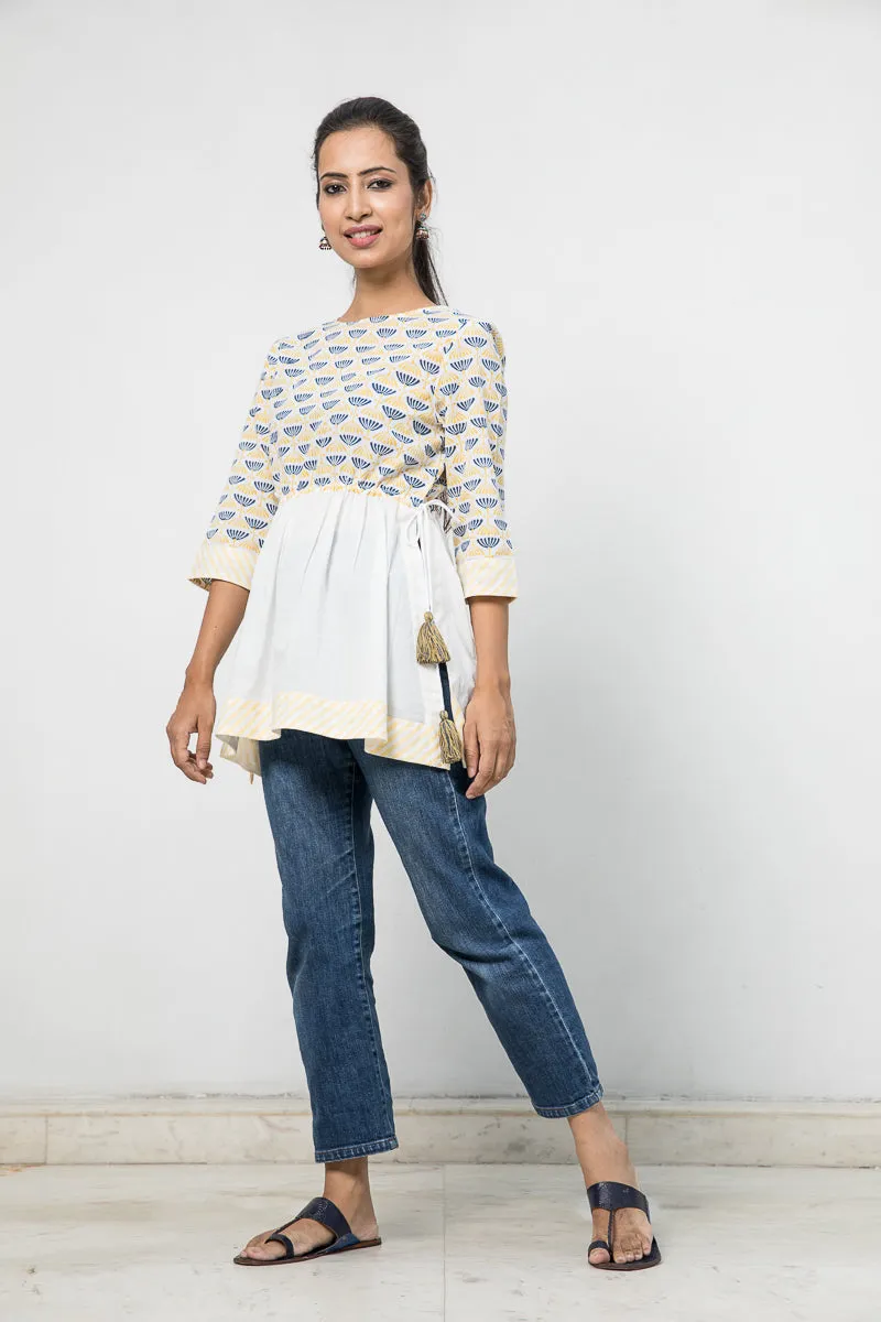 Hand Block printed Cotton Top with gathers and drawstring