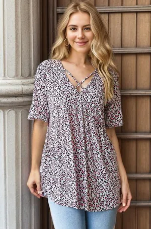 Hazel Blues® | Heimish Short Sleeve Crisscross Animal Babydoll Top