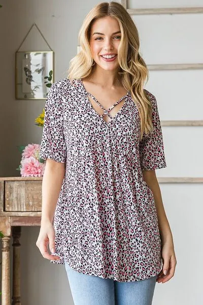 Hazel Blues® | Heimish Short Sleeve Crisscross Animal Babydoll Top