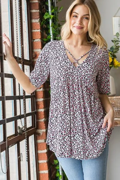 Hazel Blues® | Heimish Short Sleeve Crisscross Animal Babydoll Top