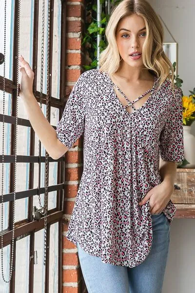 Hazel Blues® | Heimish Short Sleeve Crisscross Animal Babydoll Top