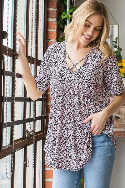 Hazel Blues® | Heimish Short Sleeve Crisscross Animal Babydoll Top